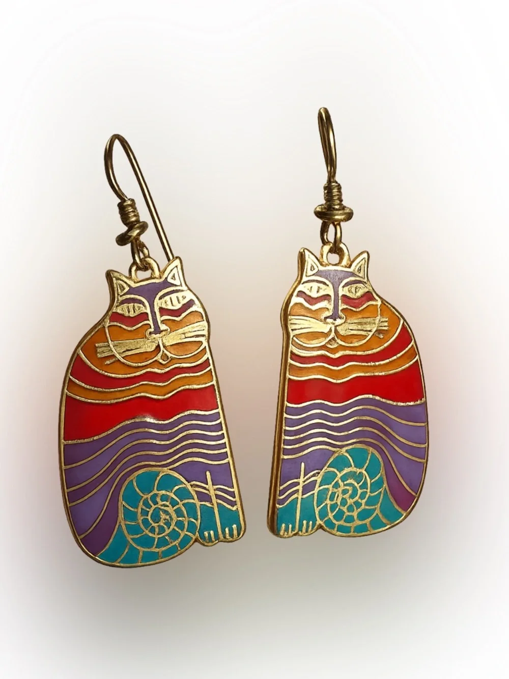 1980s Laurel Burch Rainbow Cats cloisonné enamel and gold-plated brass Earrings - Picture 1 of 7